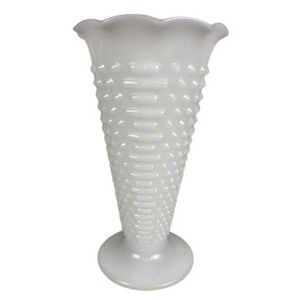 Vintage Anchor Hocking Milk Dot Dash Glass Hobnail Scalloped Trumpet Vase Footed